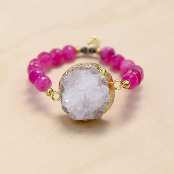 The Ella - Semi-precious Hot Pink Jade and Gold Plated Druzy Bracelet