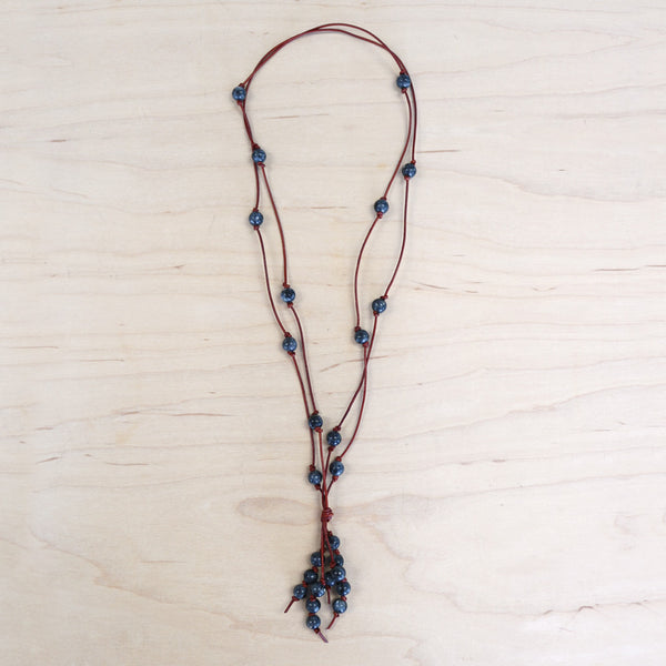 The Amanda - Larvakite Semi-Precious Leather Lariat Necklace